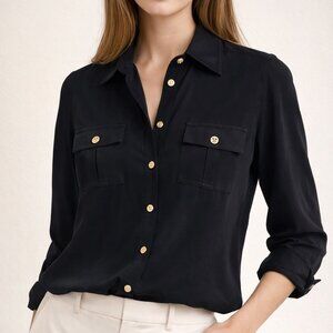 Tory Burch 100% Silk Black Button Down Blouse Long Sleeve | Gold Logo Buttons